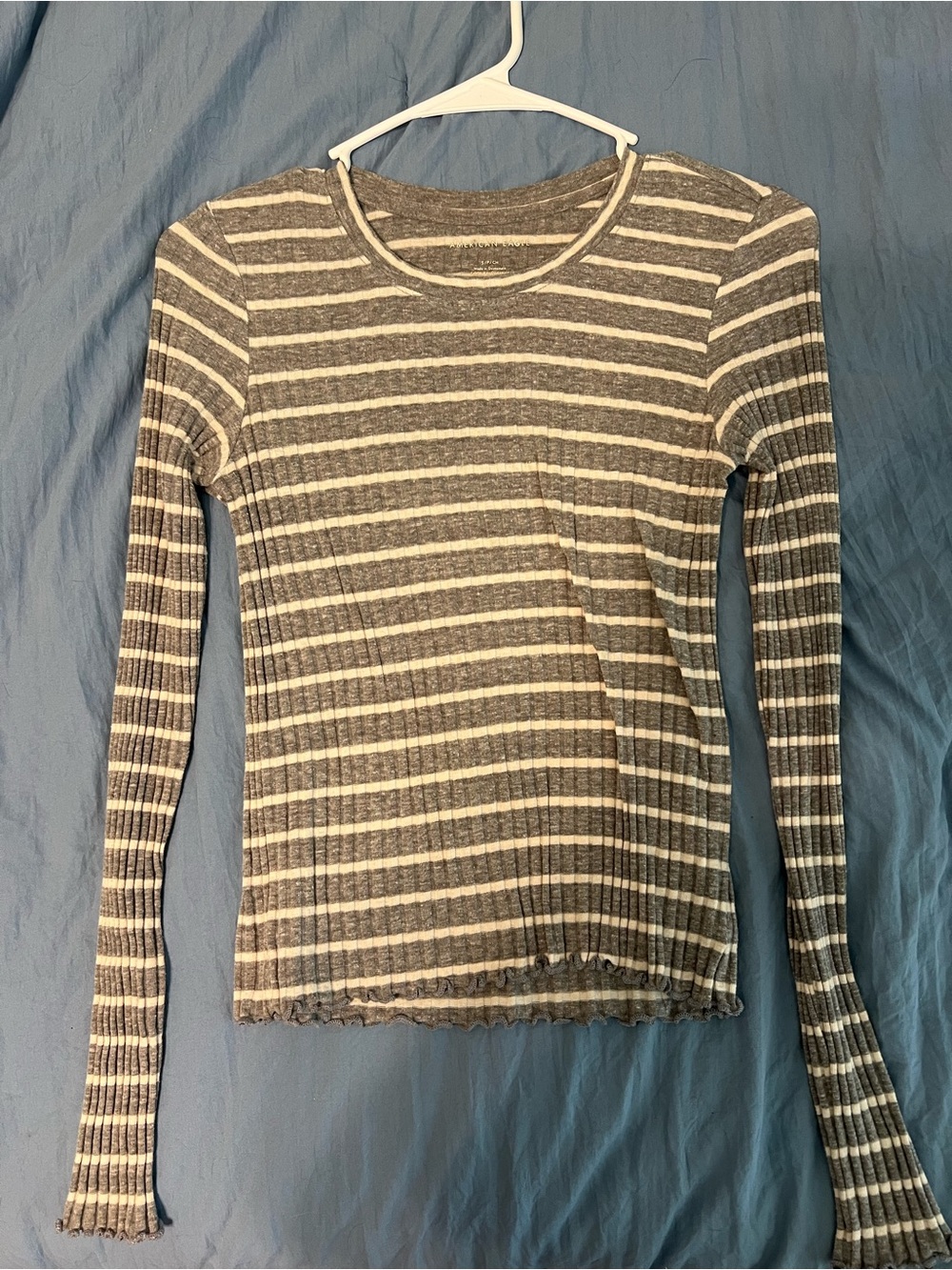Striped Ribbed Long-Sleeve Top in Gray and White